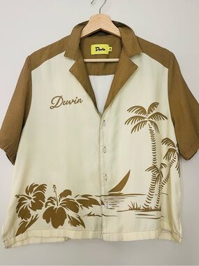 DUVIN Design button up Crop Aloha short sleeve Shirt Cream & Brown Size small